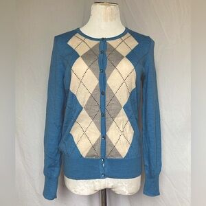 Talbots Blue Argyle Cardigan Sweater
